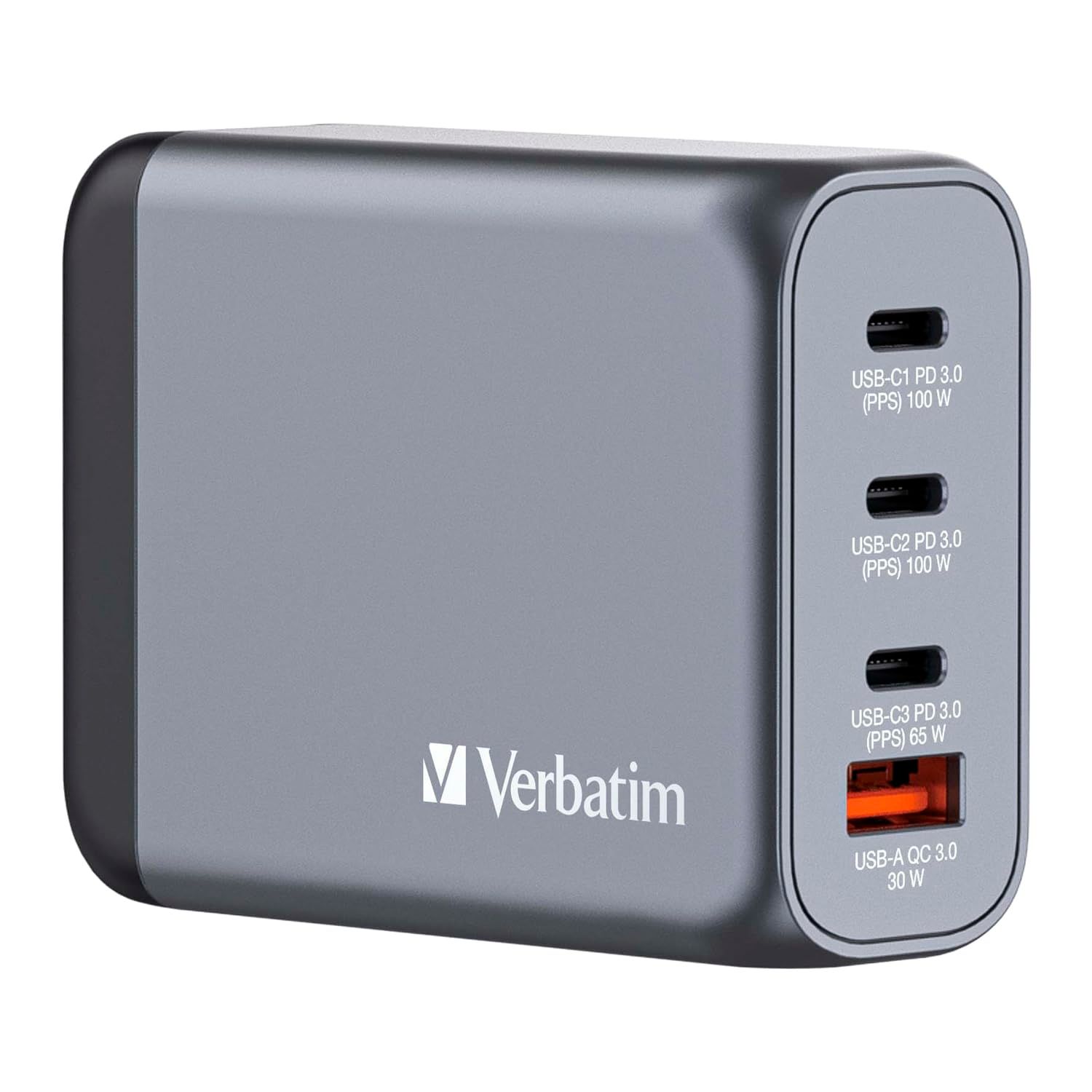 新品 Verbatim(バーベイタム) PD100W対応 【海外使用対応】 チャージャー AC充電器 USB x4ポート装備 (USB-C x3、USB-A x1)32202 次世代素材GaN採用 急速充電（PPS）対応 ACアダプター 新型GaN 窒化ガリウ