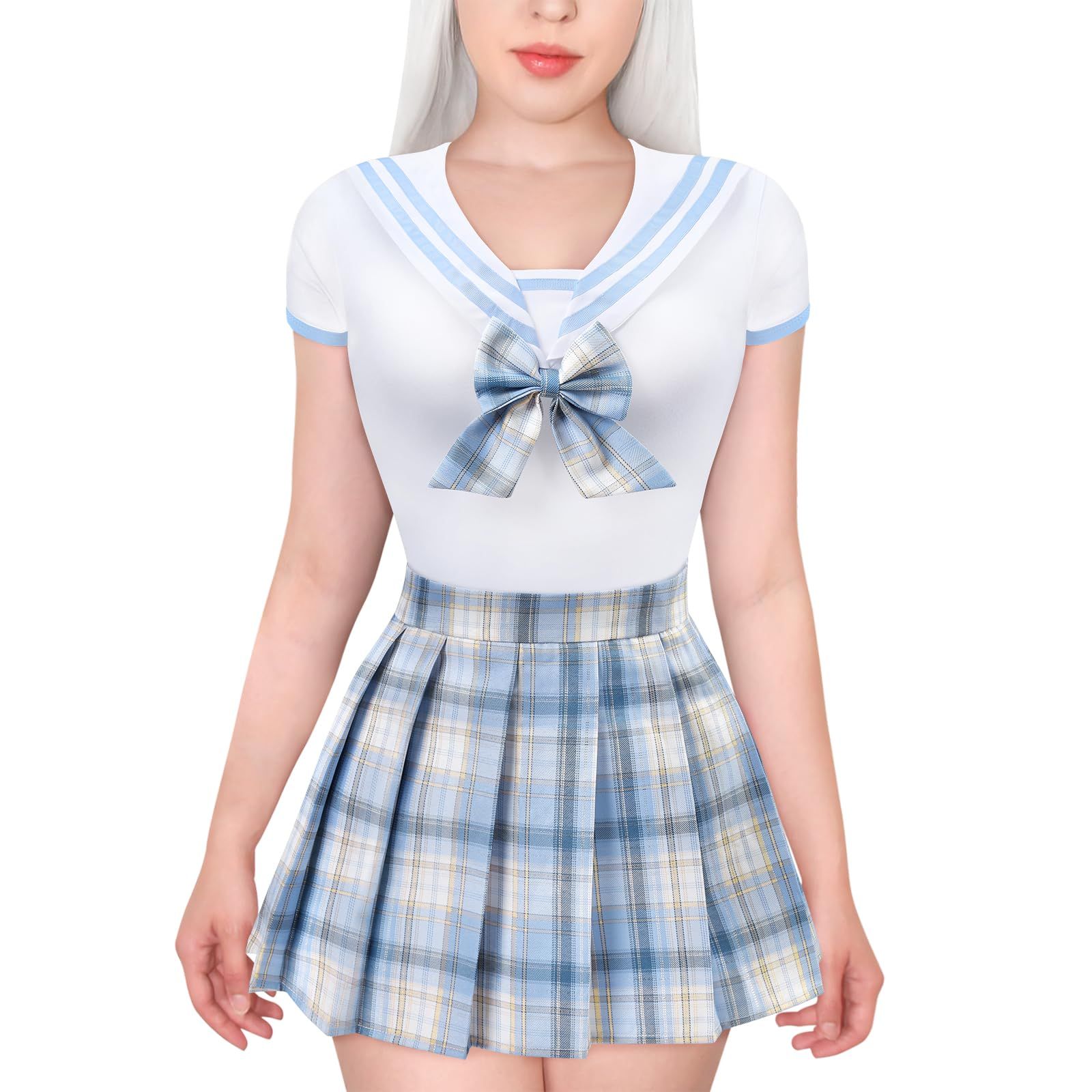 新品 [LittleForBig] 大人用ロンパース 【格子縞】 制服スカート 調節可能なウエスト 2点セット 元気な青 4XL