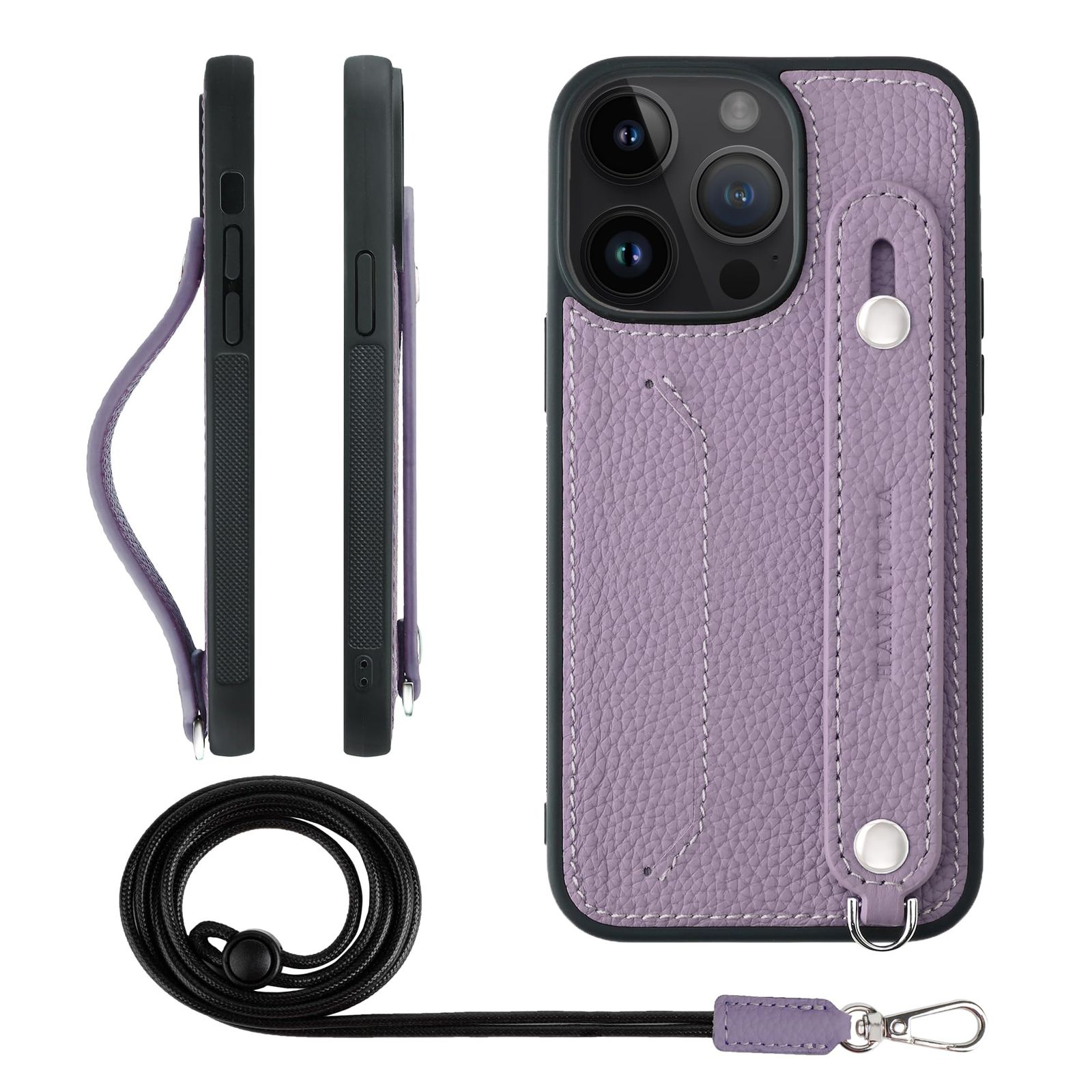 新品 HANATORA for iPhone 14ProMax ケース 本革 耐衝撃 背面ベルト ストラップリング スマホケース スマホ スタンド機能 ネックストラップ 付き カードポケット シュリンクレザー ギフト パープル CGHGZ-14ProMax-P