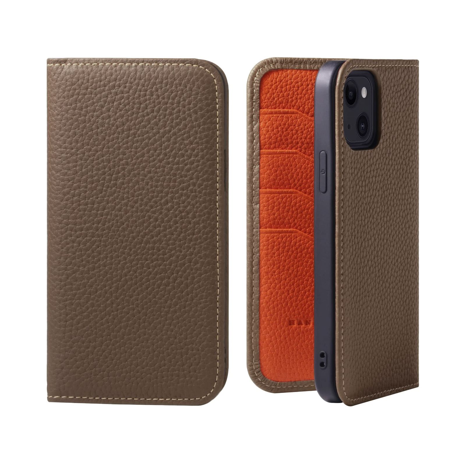 新品 HANATORA for iPhone 14 ケース 手帳型 本革 スマホケース スマホ スタンド コードホルダー 付き シュリンクカーフレザー マグネットなし トープ + オレンジ PH-14-Taupe-OG ギフト 誕生日 女性 男性 彼女 お母さ
