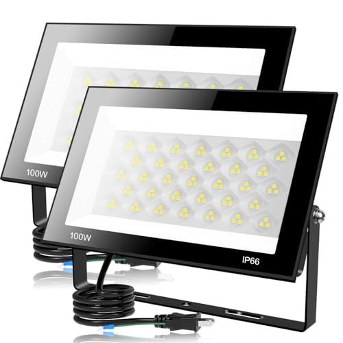 【2個セット】 LED投光器 100W 12000LM 昼光色 ledライト 屋外 IP66 防水 豪雨対応 作業灯 led 100V対応 アース付きプラグ PSE認証済 灯光器 高演色Ra85以上 外灯 高輝度 省エネ 120°広角 屋外照 4c5f92bf