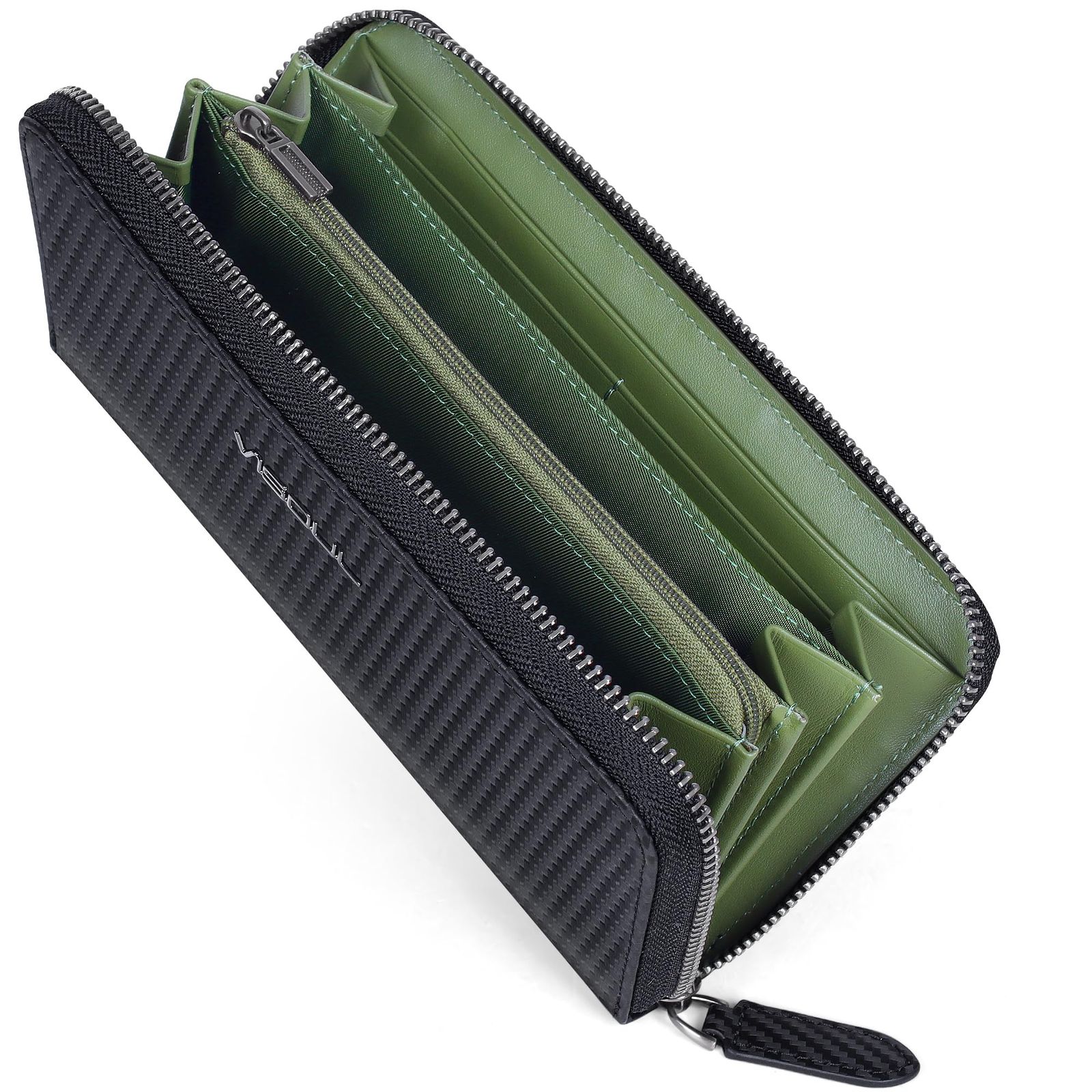 新品 [VISOUL] 長財布 カーボンレザー 本革 12枚カード収納 レザー 財布 メンズ 長財布 ながざいふメンズ ファスナー ラウンド 財布 コインケース 小銭入れ カード大容量 ブラック グリーン