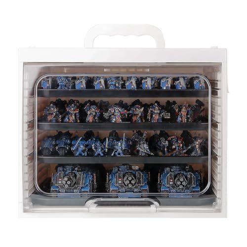 Jucoci ミニチュア収納ケース 4段トレイ付き WH40k / AOS/D&D用 フィギュア収納ボックス 白色 持ち運び便利 透明アクリルドア付き ディスプレイケースAR