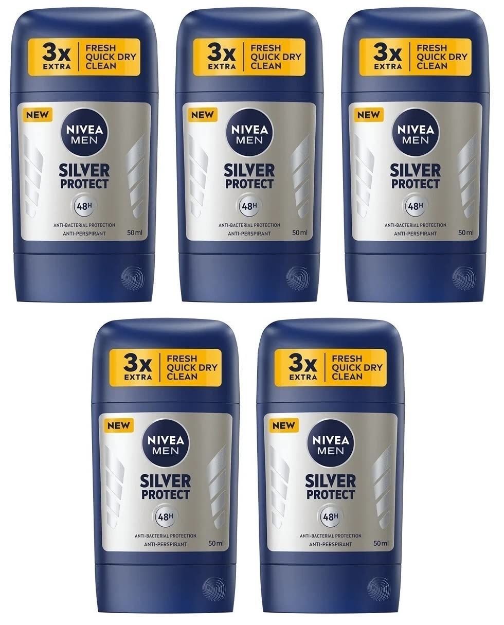 新品 5x ニベアシルバープロテクト 制汗デオドラントソリッドスティック 男性用 5x50ml (5パック)
