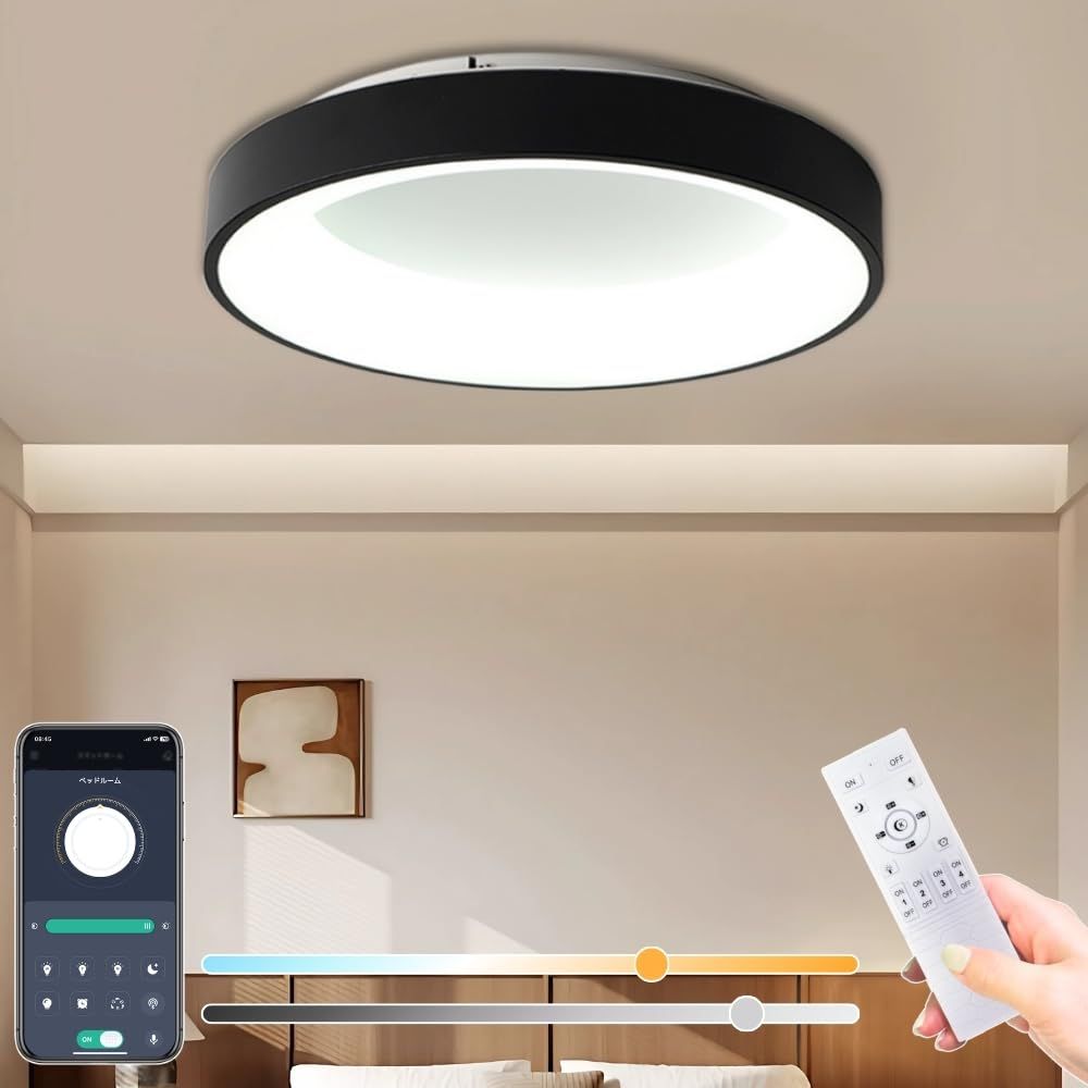 新品 TAGIYOON シーリングライト 北欧 おしゃれ LED 調光調色 6畳 8畳 10畳 12畳 リモコン付 引掛 タイマー 天井照明 インテリア照明 間接照明 モダン リビング ダイニング 和室 日本語説明書付(ブラック・直径40cm)