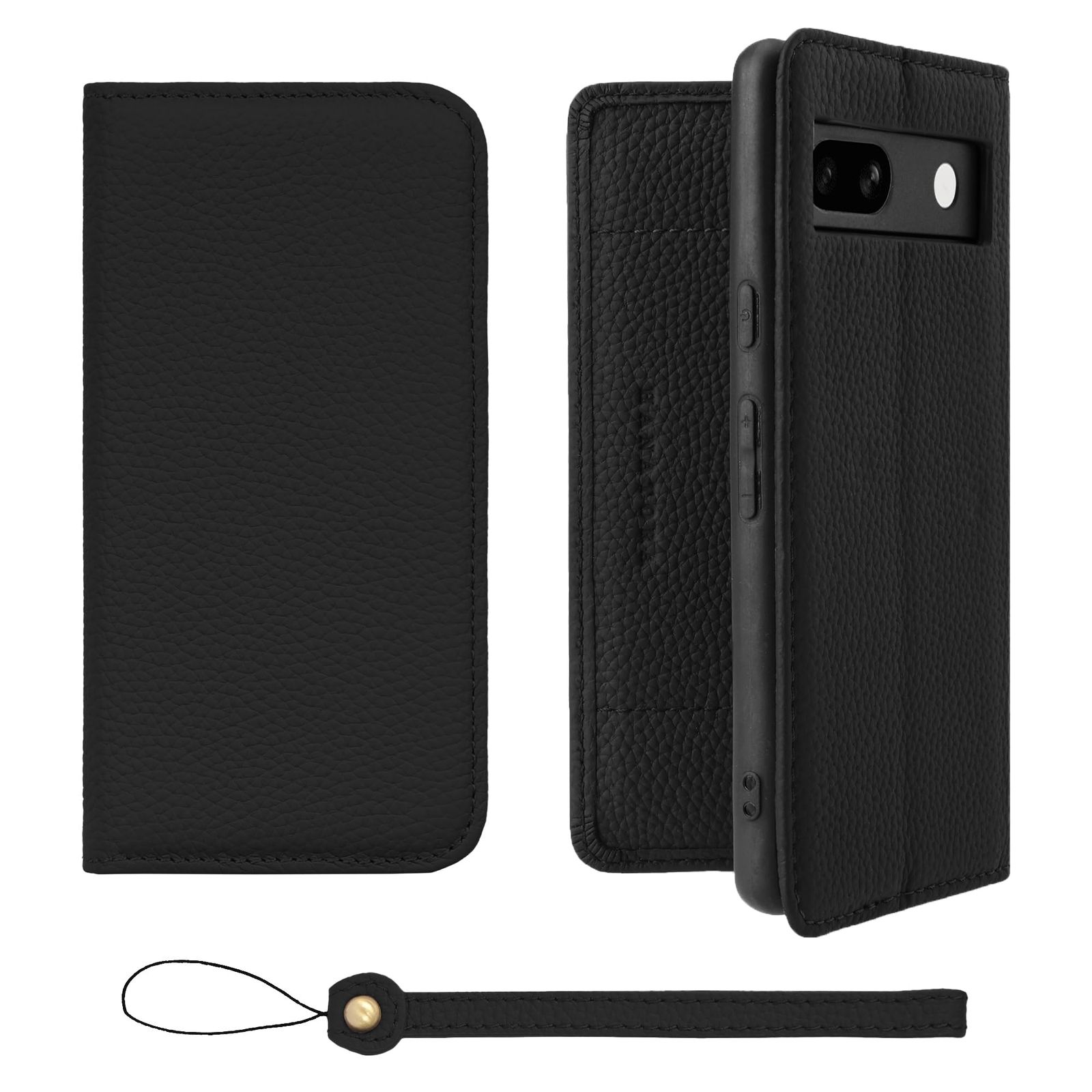 新品 HANATORA for Google Pixel 7a ケース 手帳型 本革 スマホケース スマホ スタンド ストラップ 付き シュリンクカーフレザー ベルトなし マグネットなし ブラック H0XA-GP7a-Black ギフト 誕生日 女性 男性 彼