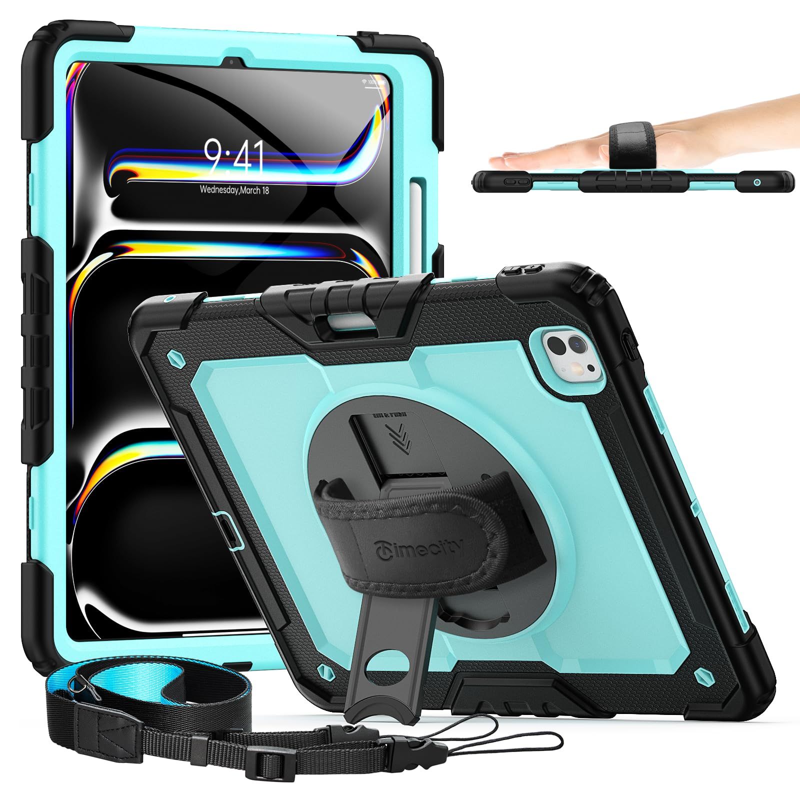 新品 Timecity iPad Pro 13インチ (M4/M5) 専用ケース 耐衝撃 ハンドグリップ/ショルダーストラップ付き 横置き/縦置き 360度回転スタンド ペン収納 工事 現場 画面フィルム 防塵 傷防止 頑丈 全面保護カバー 2024/2025