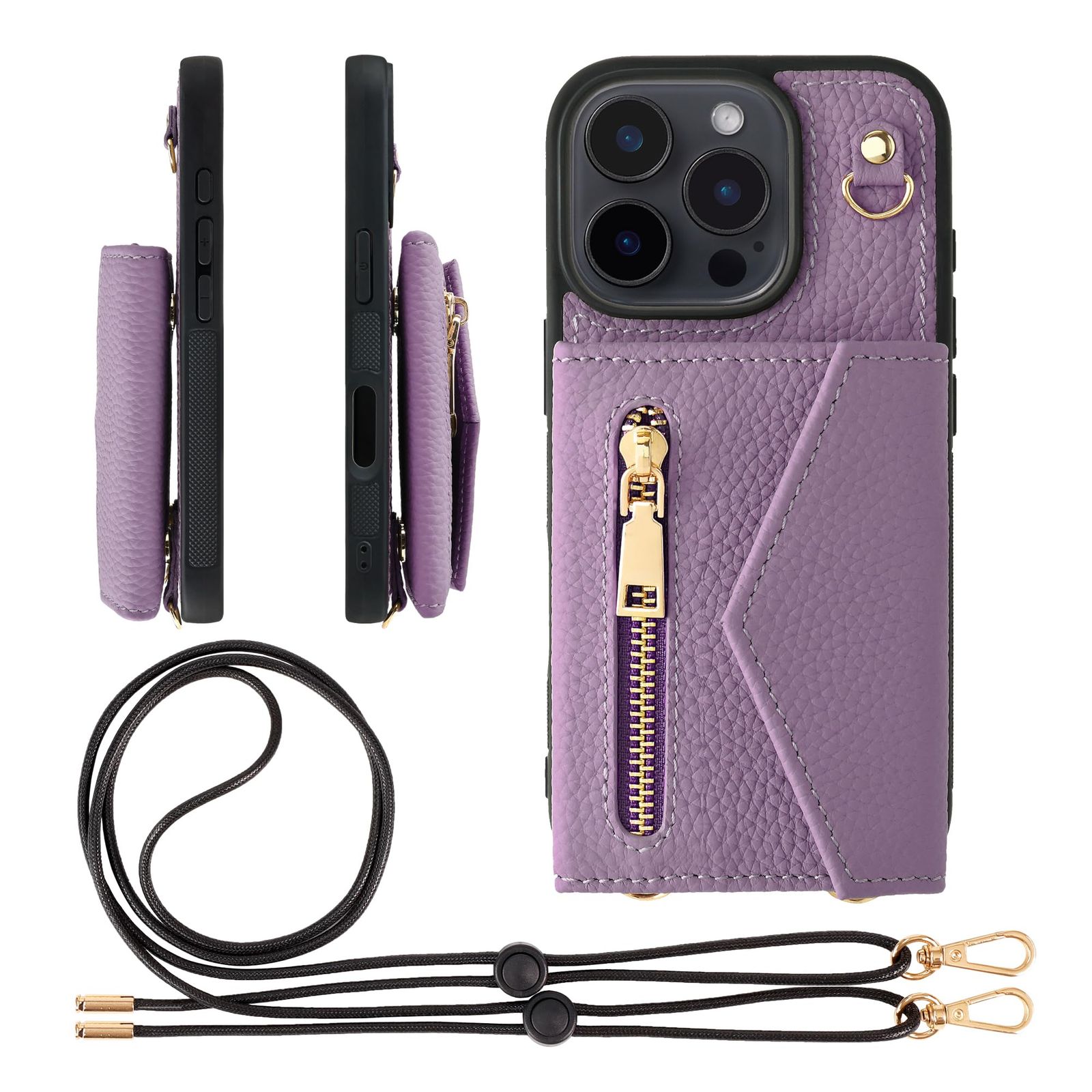新品 HANATORA for iPhone 16Pro ケース ショルダー 本革 シュリンクレザー 耐衝撃 スマホケース スマホ ショルダーストラップ 付き ファスナー スマホショルダー カバー カードポケット カード収納 小銭入れ パープル BPCGZ-1