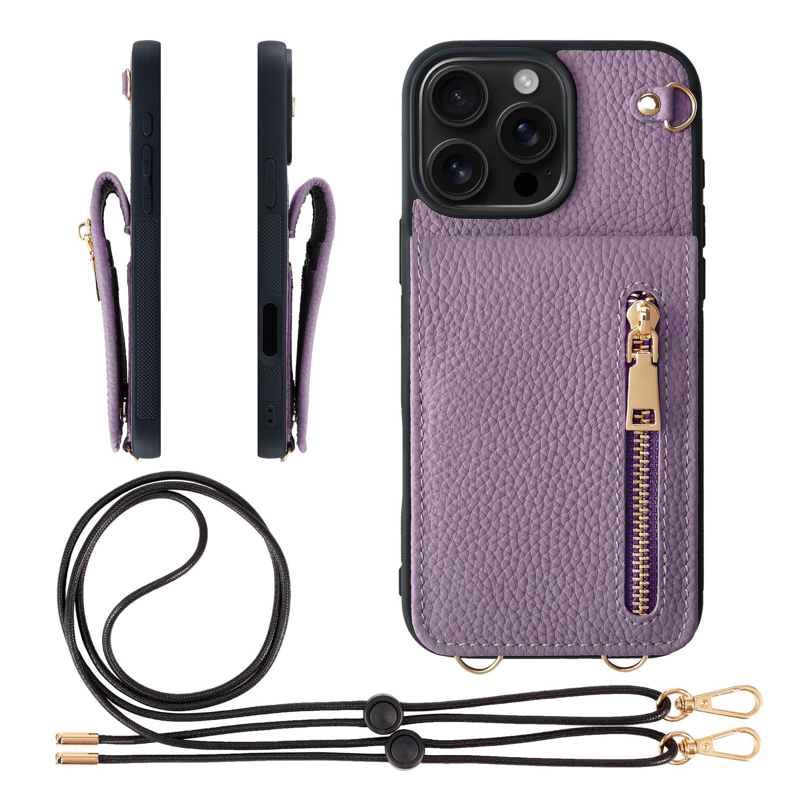 新品 HANATORA for iPhone 16ProMax ケース 本革 スマホケース スマホショルダー カードポケット スタンド ショルダーストラップ 付き シュリンクカーフレザー コインケース 小銭入れ パープル SCPGGZ-16ProMax-Pur