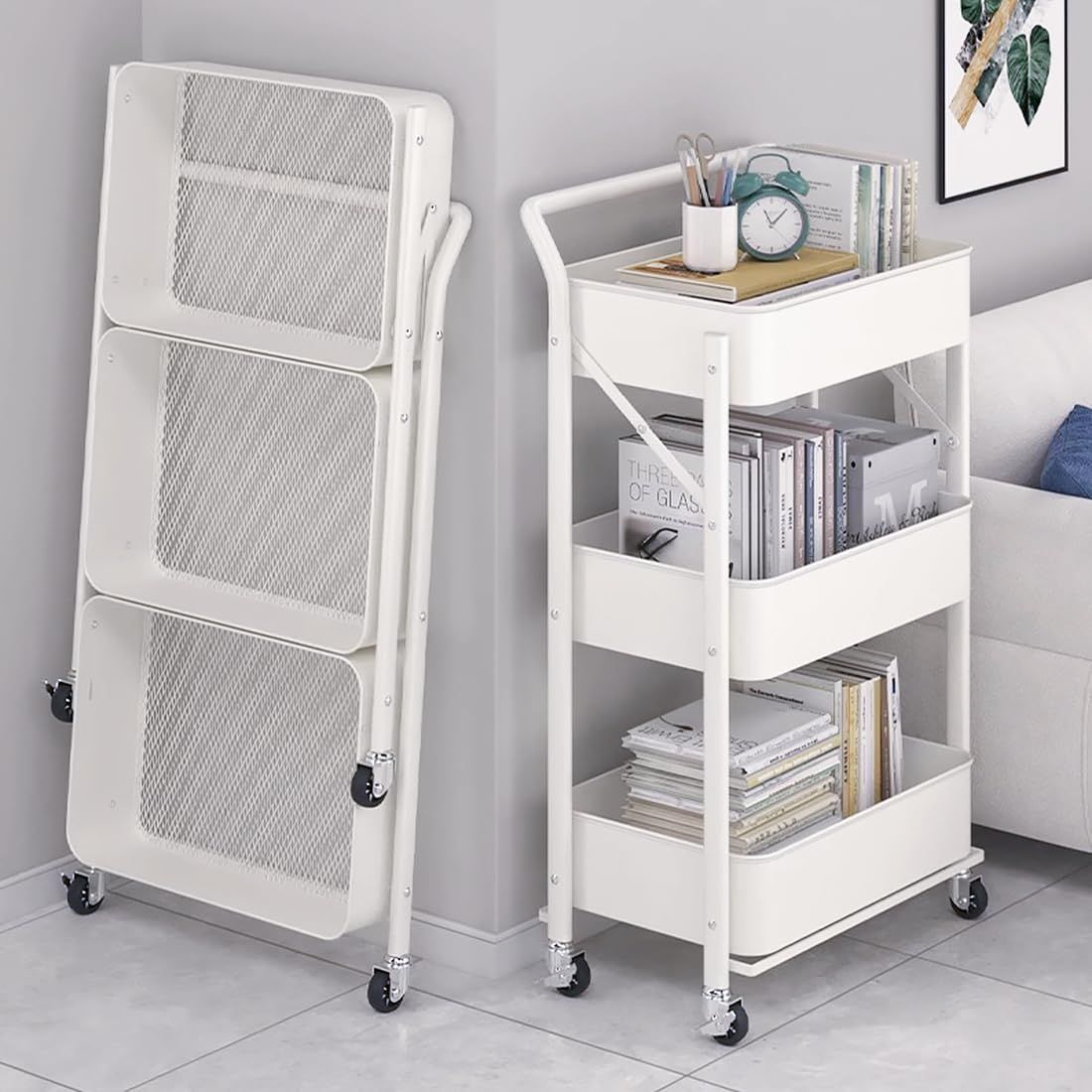 キッチンワゴン 組立不要 3段 折り畳み式 スチールラック 幅46×奥行29.5×高さ87cm バスケットトローリー バスケットラック ハンドル キッチンラック キャスター付き 3段 棚 隙間収納 収納ワゴン 収納カート 収納ラック 移動式t 6d014c0f