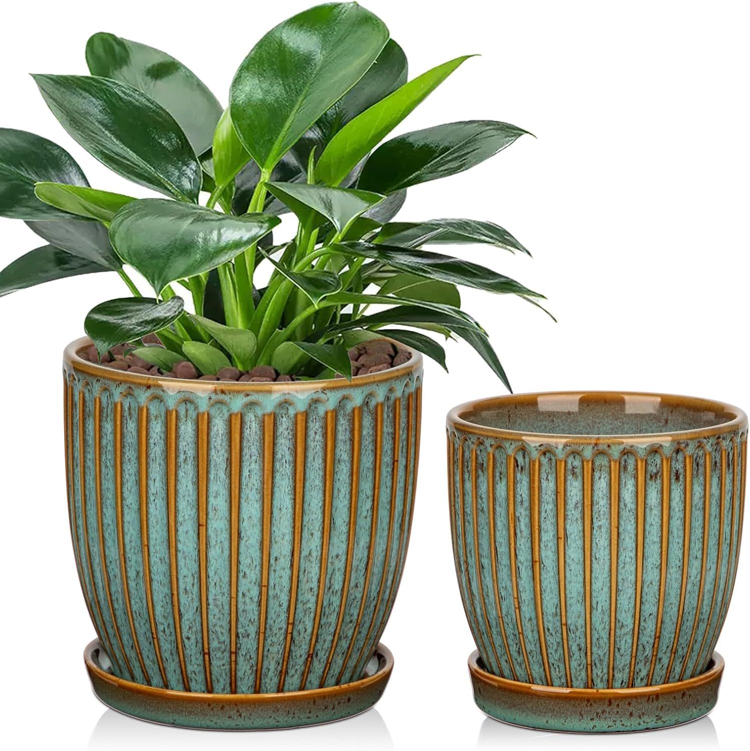 Villa Como 植木鉢 陶器鉢 プランター 4号 5号 2個入り 受け皿付き 穴付き おしゃれ 鉢 鉢植え インテリア 部屋 オフィス 室内 飾り (ミントグリーン)AR