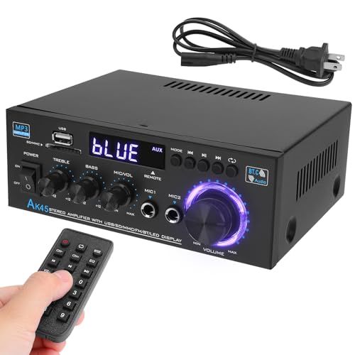 Bluetooth アンプ 5.0 HiFi ステレオ パワーアンプ レシーバー 2.0 チャンネル 2X40W ミニ アンプ 小型 ホーム オーディオ アンプ 低音/高音コントロール FM/USB/SD/MIC 入力 スピーカー用＊mn 186ee409