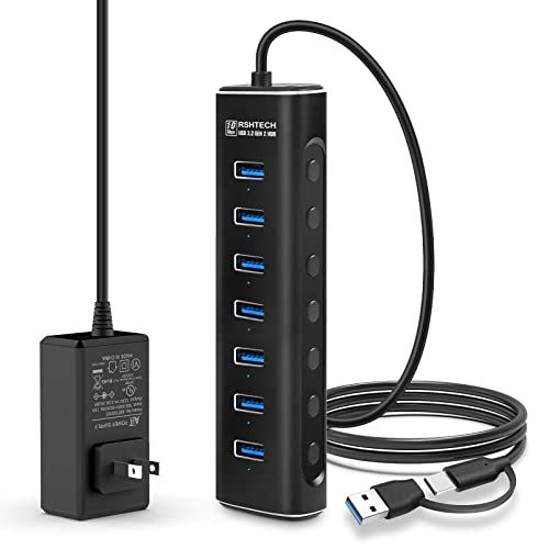 RSHTECH USB ハブ 3.2 Gen2 10Gbps 7ポート 2 in 1 ケーブル 付き アルミ製 USB HUB セルフパワー 12V 2A 電源 独立スイッチ付き(RSH-A107)t 8334e057