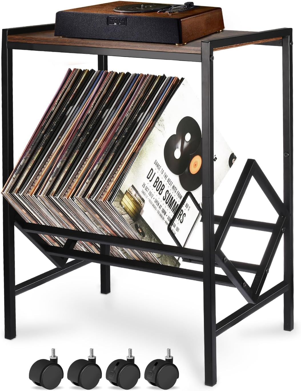 [SYZHXHKL] レコードラック レコードプレーヤースタンド 最大80枚のアルバム収納 CDレコード収納ラック マットブラックメタル脚付き キャスター付き レコード棚 レコードプレーヤーテーブル リビングルーム ベッドルーム オフィス用 5c8f644e