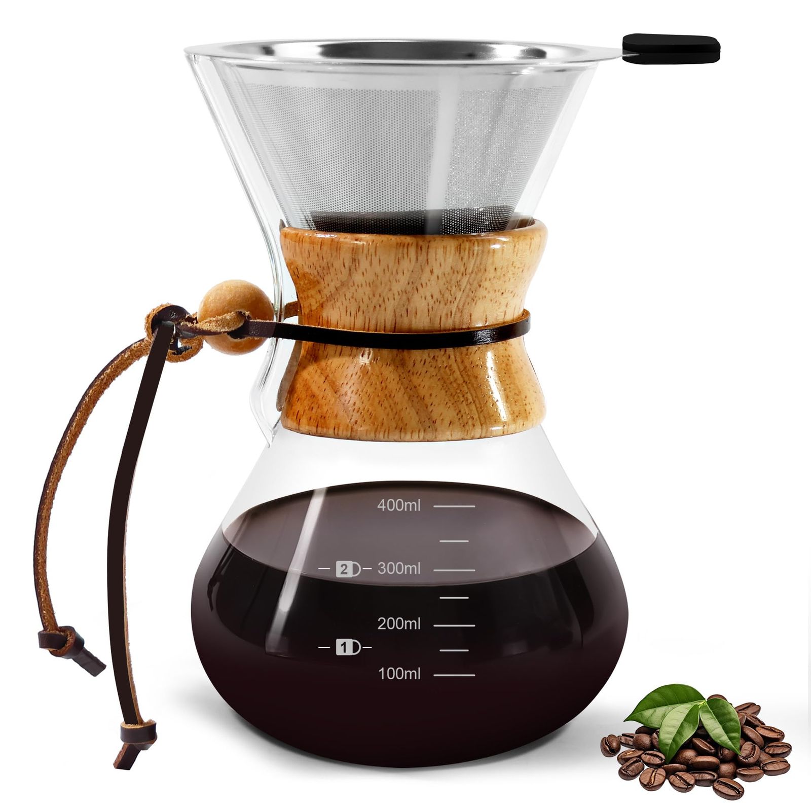 ドリップコーヒーサーバー 耐熱ガラス コーヒードリッパー ステンレスフィルター ２層メッシュ 繰り返し使用可能な コーヒー ドリップセット 電子レンジ可 400ml 目盛付き 1~2人用 ハンドドリップコーヒーサーバー セット カフェ★ d51e2685
