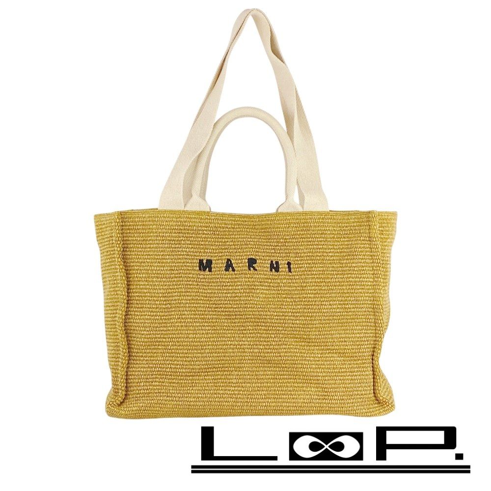 マルニ ■中古■ ロゴトート バッグ 肩掛け 刺繍 2WAY 春夏 リゾート ラフィア 綿 レザー ブラウン ベージュ 生成り 【579615】7
