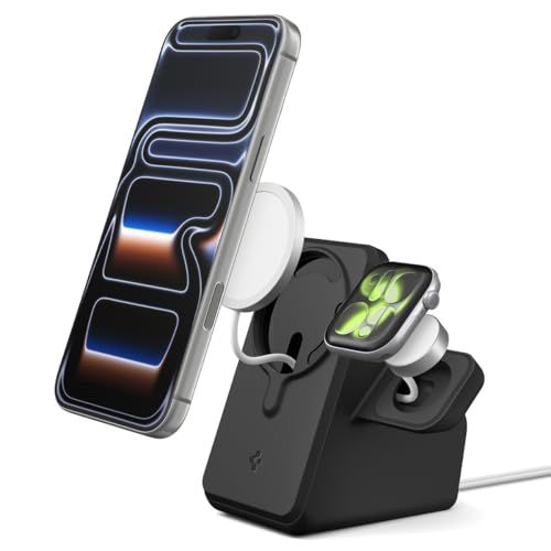 Spigen MagSafe 充電スタンド (2024年充電器対応)【iPhone & Apple Watch】卓上スタンド 充電ケーブル収納 シンプル マグフィット・デュオ AMP09172 (ブラック)as dcda091b