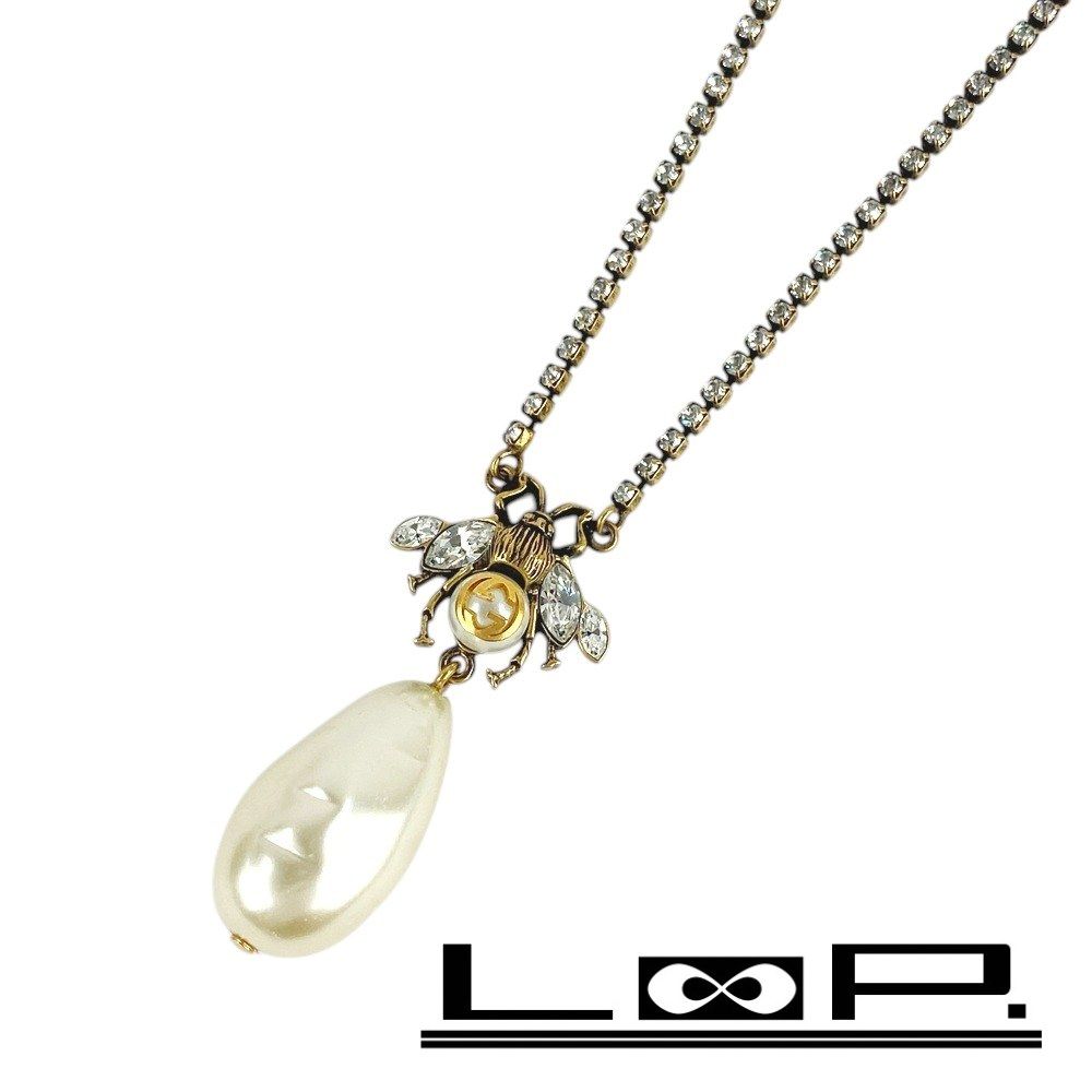 グッチ □新同□ ビー ネックレス ハチ 蜂 パール ラインストーン GP 