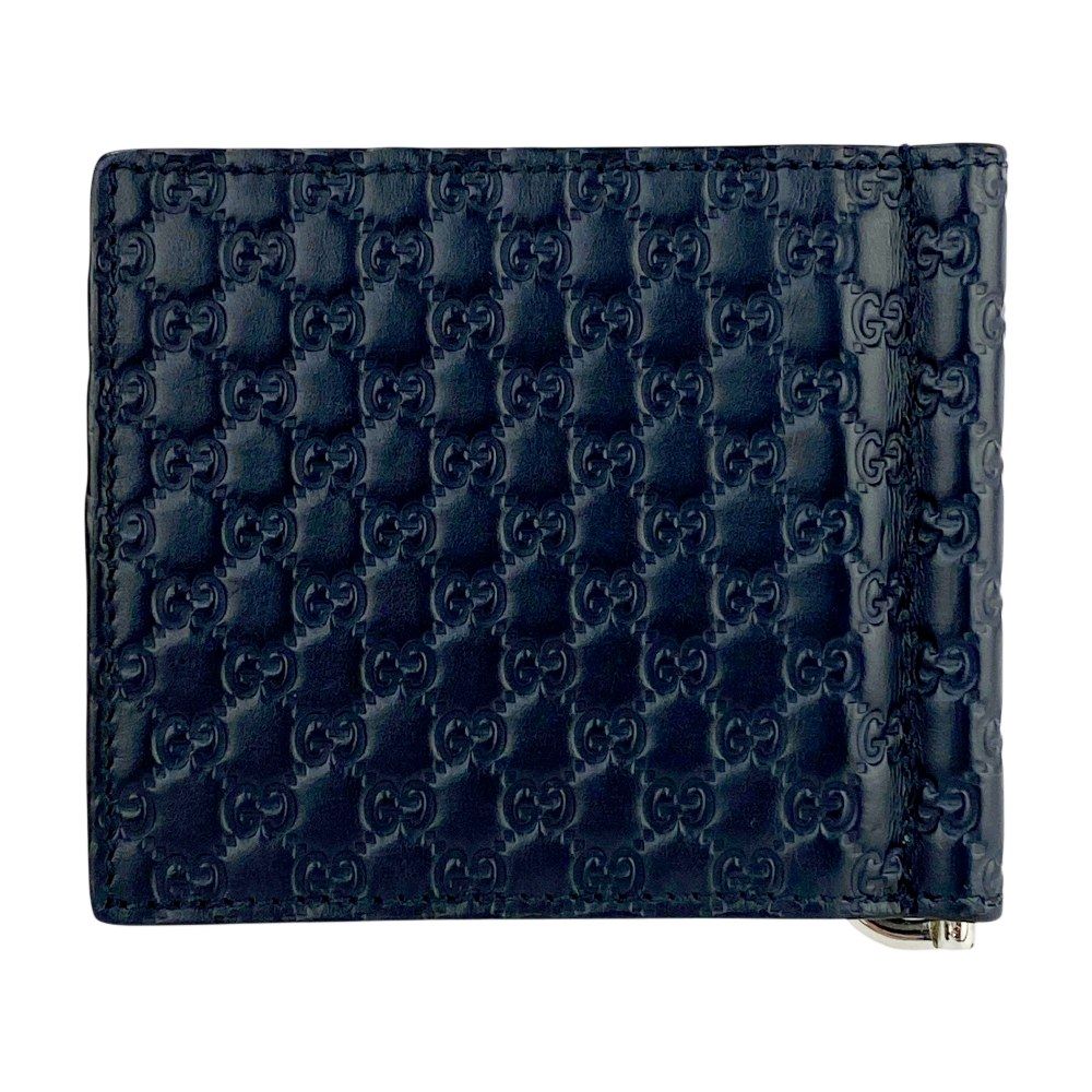 GUCCI ネイビー レザー マネークリップ グッチ 美品 マイクロ グッチ シマ マネークリップ 二つ折り 財布