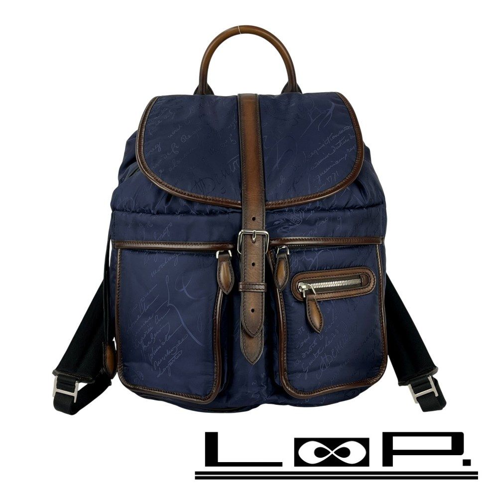 ベルルッティ ■美品■ カリグラフィ リュック バックパック ナイロン レザー ネイビー ブラウン 【545481】10