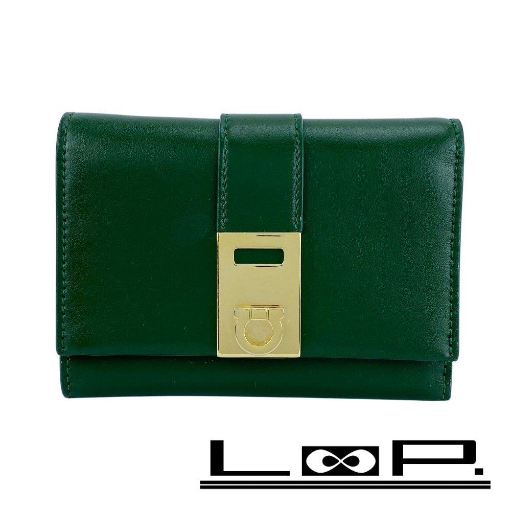 フェラガモ ■美品■ 三つ折り 財布 コンパクト ウォレット ガンチーニ レザー GP グリーン ゴールド 220630 【627408】5