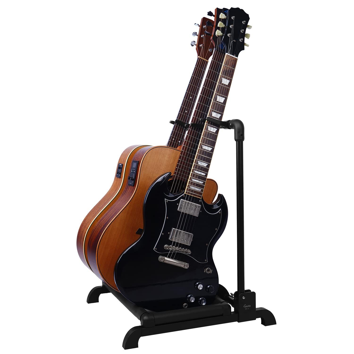 GUITTO プラスチック マルチギターラックスタンドは、バンドやステージで使用するための折り畳み式のユニバーサルディスプレイラックであり、ベース、アコースティックギターなどを置くことができます ポータブルなギターホルダーです (3本収納) GGS-12AR