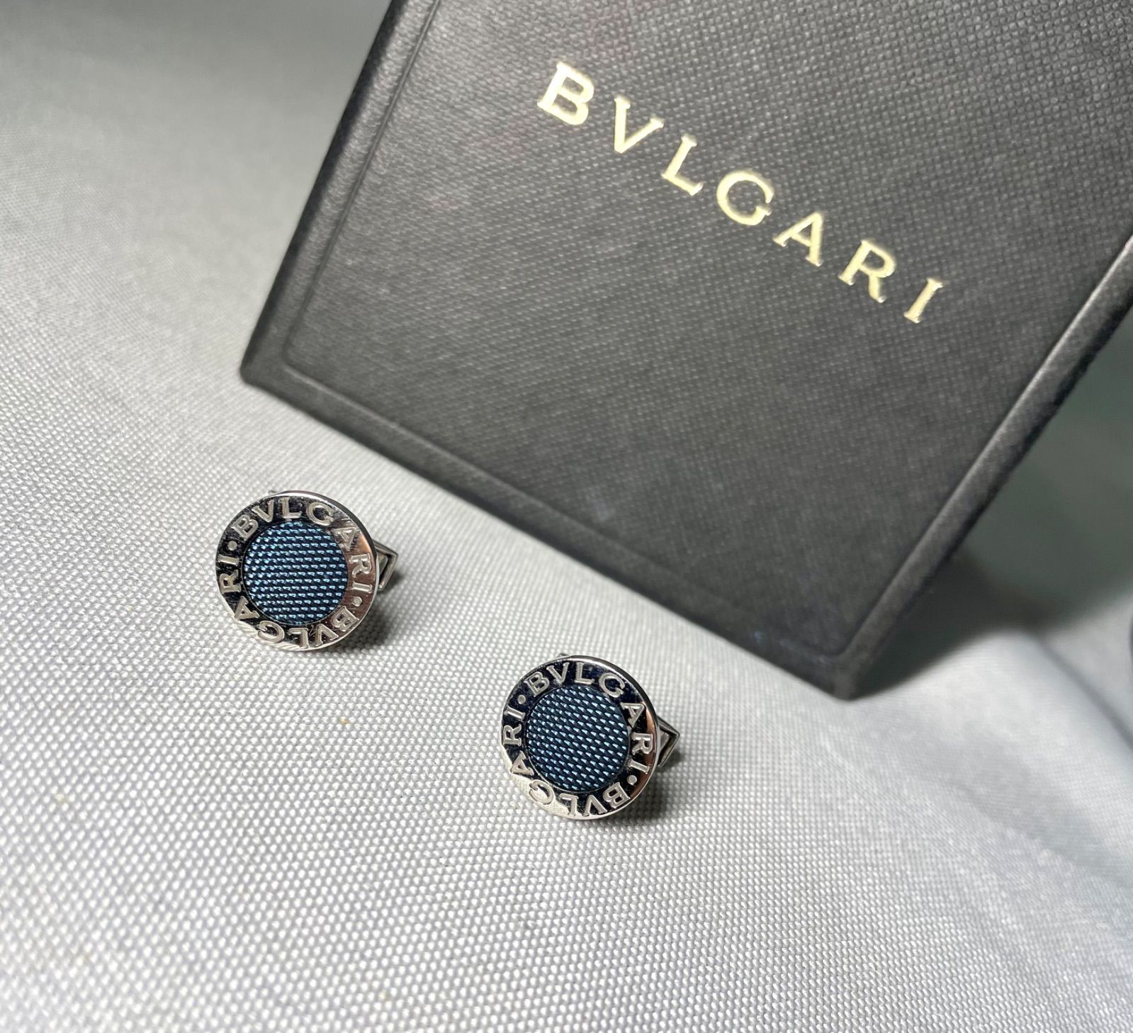 美品 希少 BVLGARI ブルガリ B-ZERO ロゴ ブルーライン & スターリングシルバー オーバルカフス カフリンクス ボタン SV925 メンズ
