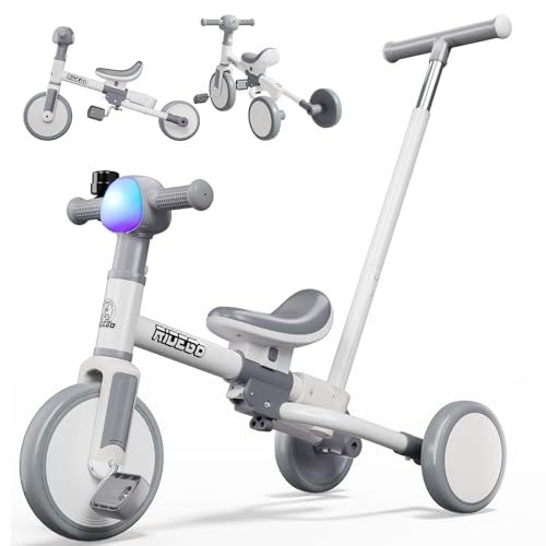 三輪車 RIDIGO 子供用三輪車 5in1 手押し棒付き ランニングバイク LDEライト ベル付き 4つの音楽 自転車 乗用玩具 組み立て式 耐久性 軽量 調整可能 キッズバイク 男の子 女の子 誕生日プレゼント ギフト T02A★ 1f7d2bef
