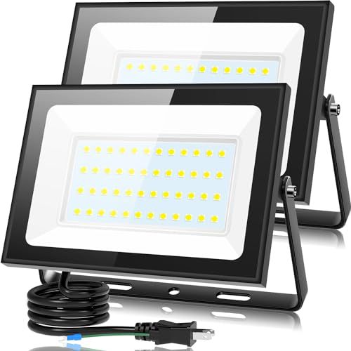 KIWEN【超薄型・2個セット】 LED投光器 80W 10000LM 昼光色 ledライト 屋外 IP66 防水 豪雨対応 作業灯 led 100V対応 アース付きプラグ 灯光器 高演色Ra85以上 外灯 高輝度 省エネ 120°広角 屋外 b69dfbbb