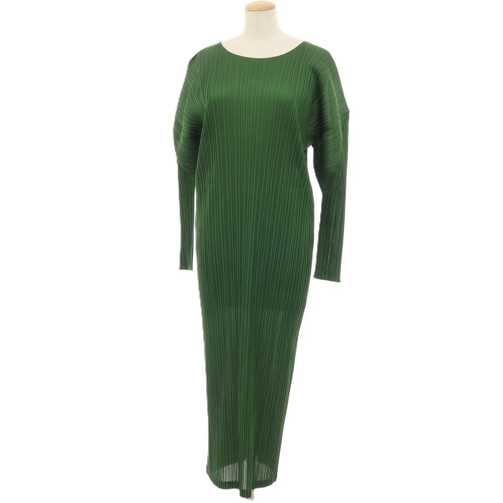 【中古】プリーツプリーズ PLEATS PLEASE ポリエステル プリーツ 長袖 ワンピース グリーン【サイズ4】【レディース】