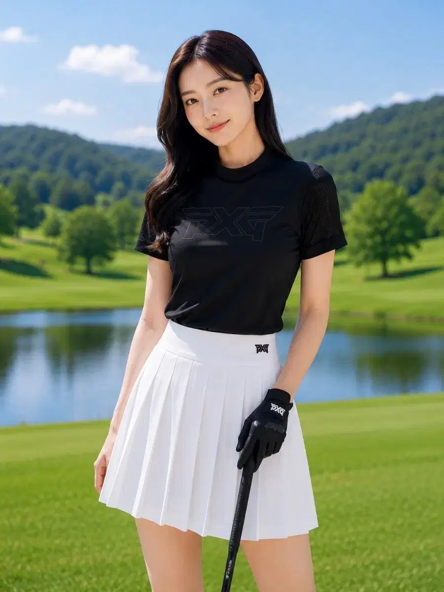 韓国国内正規品 S級 PXG レディース メッシュ ブロック モックネック 半袖 ゴルフ Tシャツ S