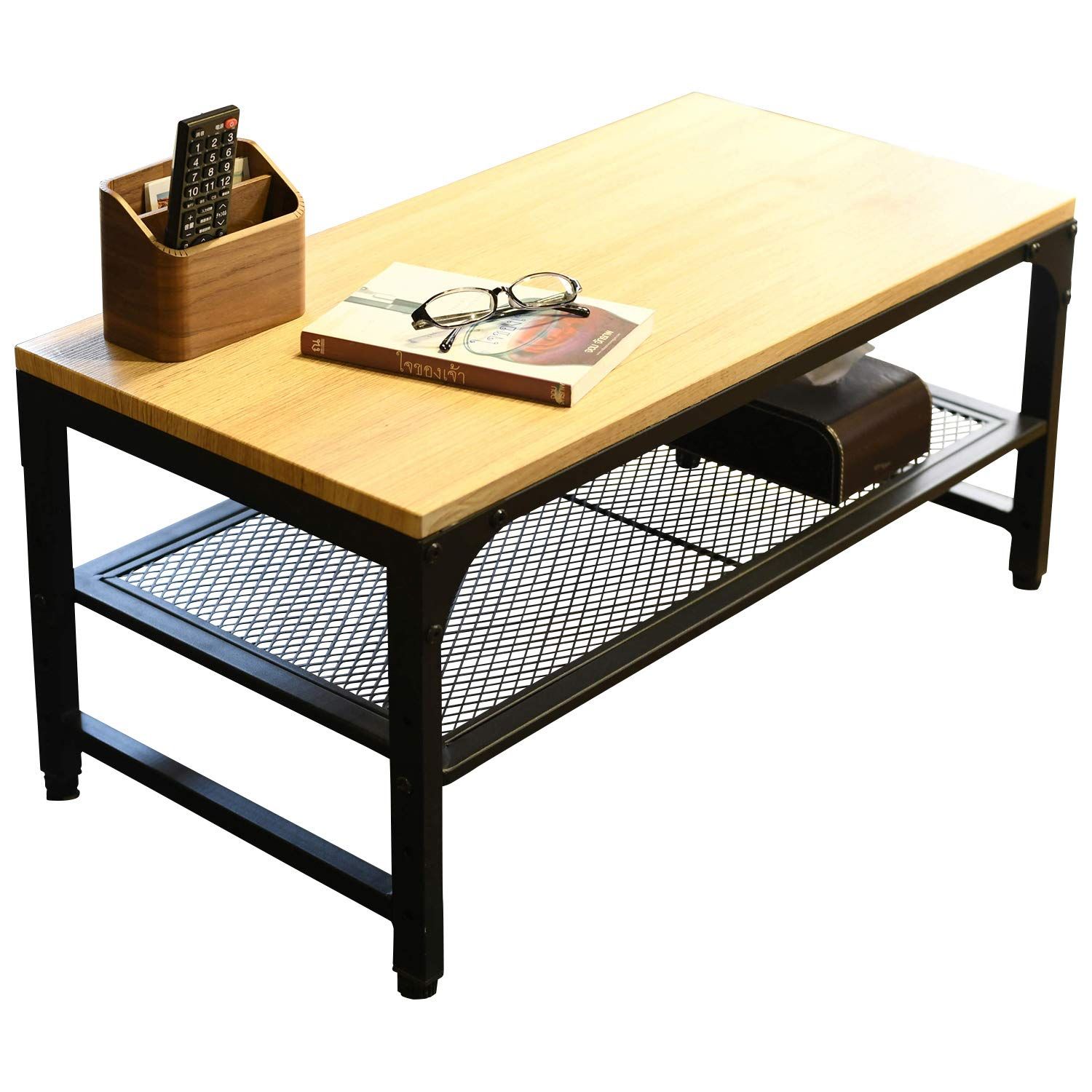 新品 [山善] ローテーブル (メッシュ棚付き) 幅78.5×奥行41×高さ37.5cm (棚板4段階調節/アジャスター付き) ヴィンテージ風 オーク/サンドブラック VMCT-8040(OAK/SBK