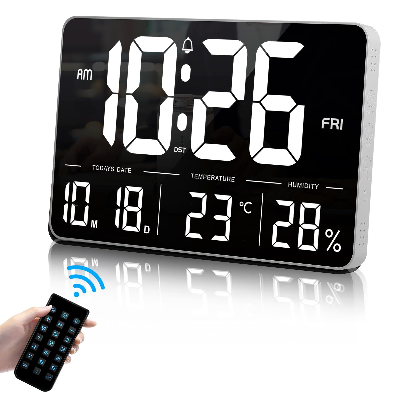 デジタル時計 壁掛け 大型 LED 目覚まし時計 明るさ調節可能 月/日/温度/湿度/時刻表示 12時間/24時間切替式デジタル時計 置き時計 リモコン操作付き 家庭用/オフィス用/教室用 使用には電源接続が必要です (ホワイト) 国内発送 bf5d3320