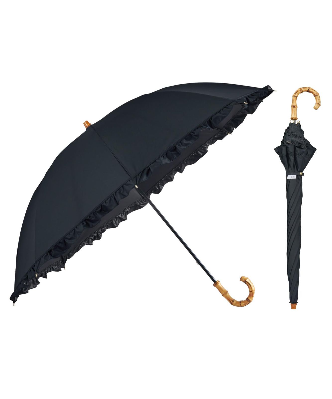 新品 【2026】最強の日傘 UVO(ウーボ) 60cm フリル ブラック(限定色) ≪遮熱/遮光率100%/UVカット率100%/UPF50＋/晴雨兼用≫ 長傘 親骨60cm 大きい レディース バンブー Wpc おしゃれ 可愛い UV101FRL60C66