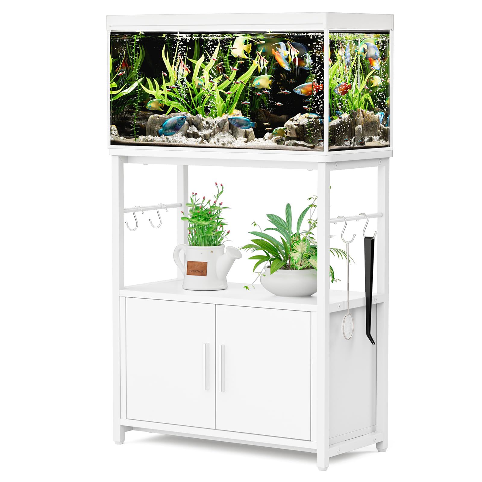 DEWEL 水槽台 60cm 水槽 台 ラック 棚 スタンド キャビネット/配線溝付 水槽棚 総耐荷重約200kg 面取り加工 水槽ラック 60cm水槽用 水槽棚 フック/アジャスター付 3段 幅60 奥行き30 高さ70cm 木製 (ホワイ 9b64ea49