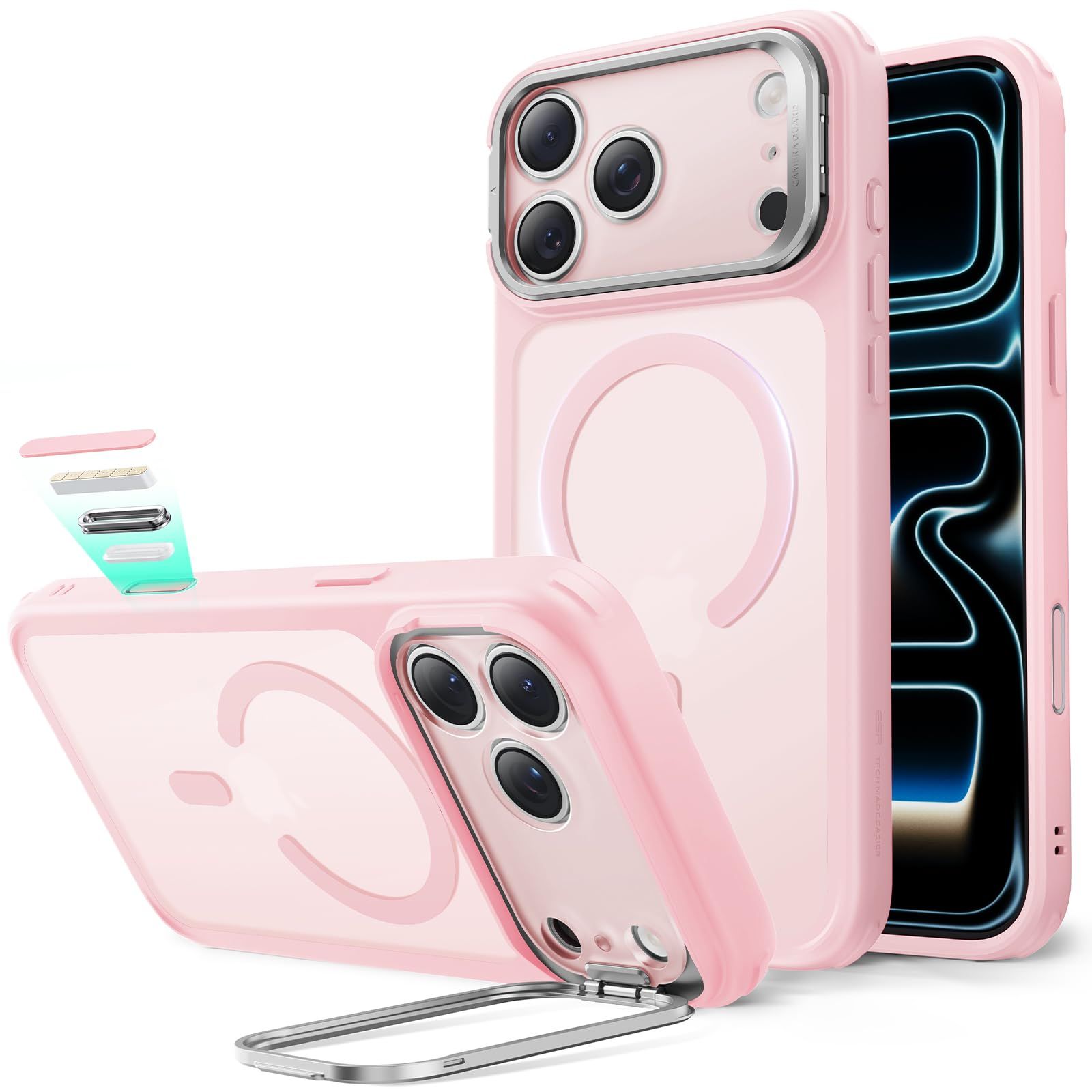 新品 【デザイン受賞シリーズ！】ESR iPhone 17 Pro Max ケース MagSafe対応 3倍米軍MIL規格 カメラボタン付き 隠しスタンド 調整可能 ワイヤレス充電 エアガードコーナー 耐衝撃 傷防止 軽量 マグネット 高耐久性 Qi2.2対応