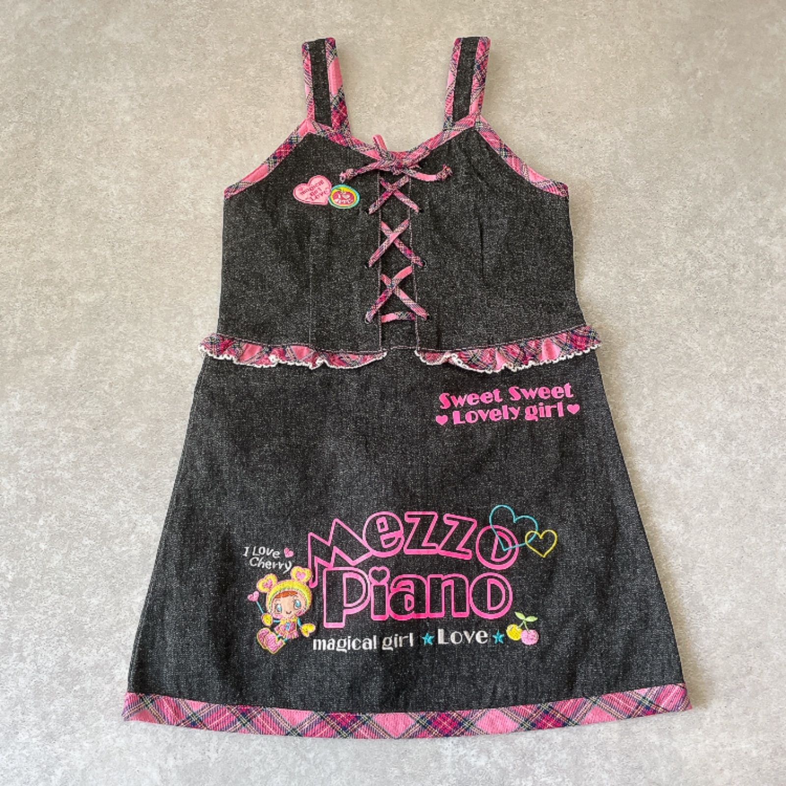 【美品】メゾピアノ チェリーちゃん デニム風 ジャンパースカート 平成レトロ Y2K ワンピース 女の子 120cm チェック レースアップ