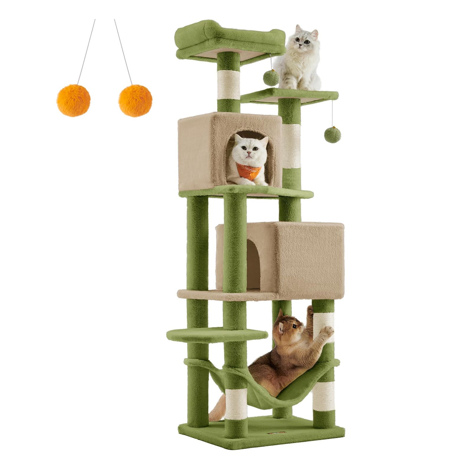 FEANDREA キャットタワー 猫タワー スリム 人気 大型猫 多頭飼い 据え置き 省スペース ハンモック付き 爪とぎ 運動不足解消 おしゃれ 高さ155CM グリーン＋ブラウン PCT192C03AR