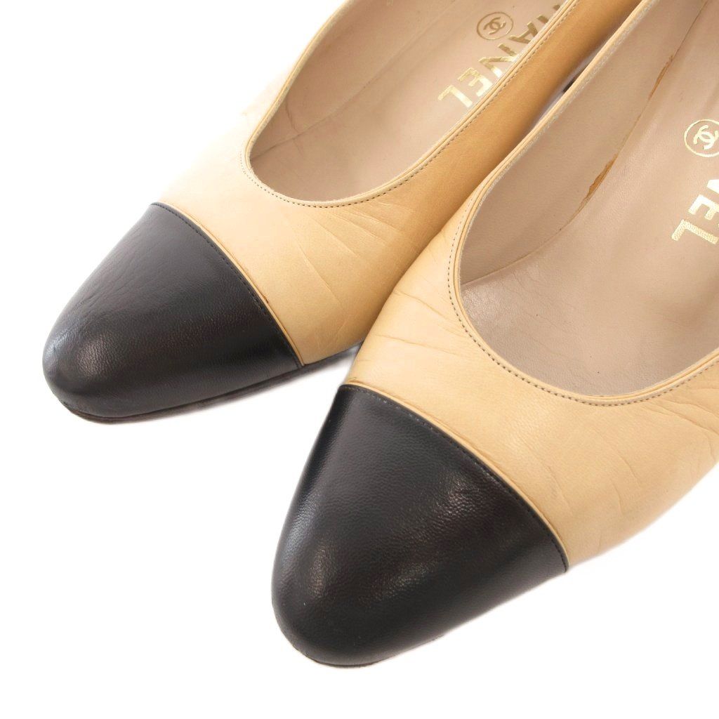 シャネル CHANEL パンプス チャンキーヒール バイカラー レザー 37