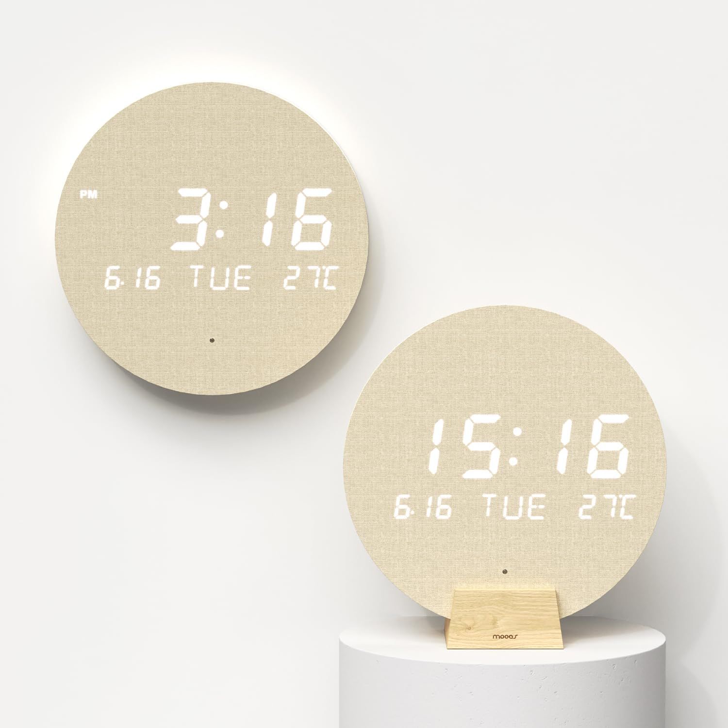 mooas ウッドムーン コードレス デジタル LED 壁掛け時計、時間・曜日・温度表示、自動調光、オフィス・リビングルーム・寝室向けモダンデザイン ? ワイヤレス壁掛け/デスク木製スタンド 国内発送 246c2635