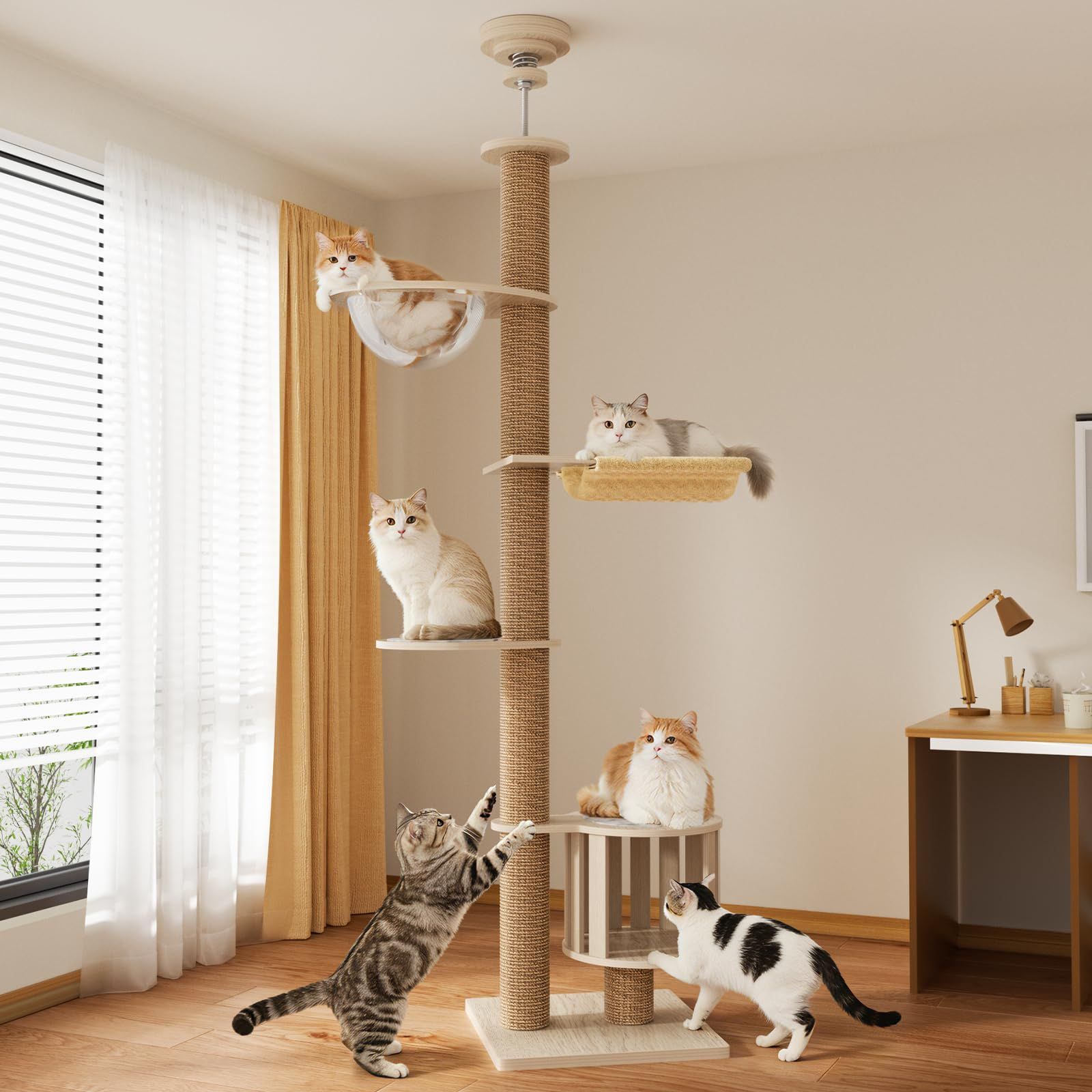[ChicKone] キャットタワー 突っ張り ネコタワー 木製 スリム 宇宙船付き ハンモック 大型猫 爪とぎ 多頭飼い 猫タワー ツッパリ 人気 木登りタワー キャットツリー 多層無垢材 太い支柱 おしゃれ 安定感 運動不足解消 (ナチュラル, 190AR