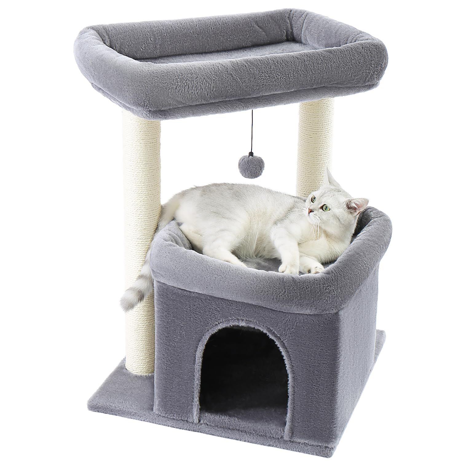 PAWZ Road キャットタワー シニア 大型猫用 猫タワー 低い 低め 据え置き ネコ 猫用 麻紐 爪研ぎ 階段 ベッド 隠れ家 多頭飼い おもちゃ 組立簡単 運動不足解消 ラグドール マンチカン - グレー 高さ65cmAR