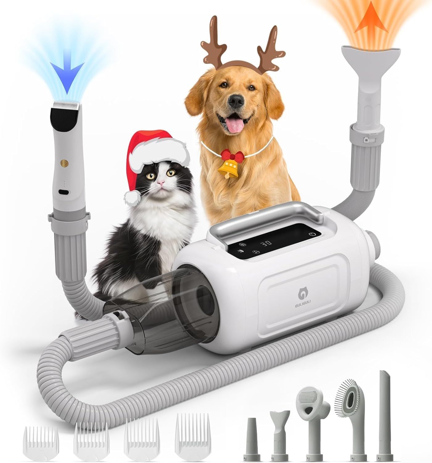 【ドライヤーと掃除機一体型】GULIGULI ペット用バリカンセット 6in1 犬用バリカン 犬 猫美容器ペットグルーミングセット13300Pa 超強力吸引 ドライヤー 風力の5段階?整可能 恒温保護 2段階の吸引力 多機能 抜け毛を自動吸引 多機能掃除機 e