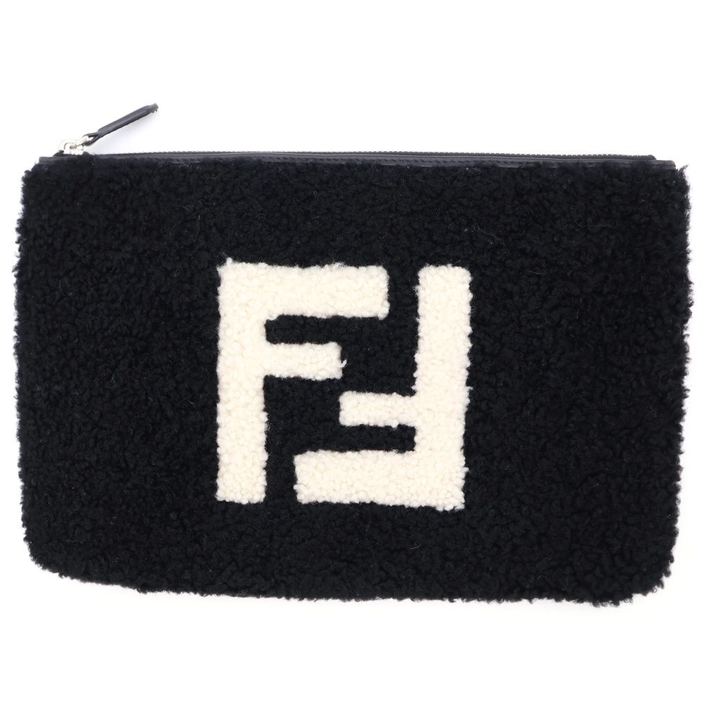 FENDI (フェンディ) ムートンポーチ ロゴデザイン クラッチバック ハンドバック ブラック/ホワイト