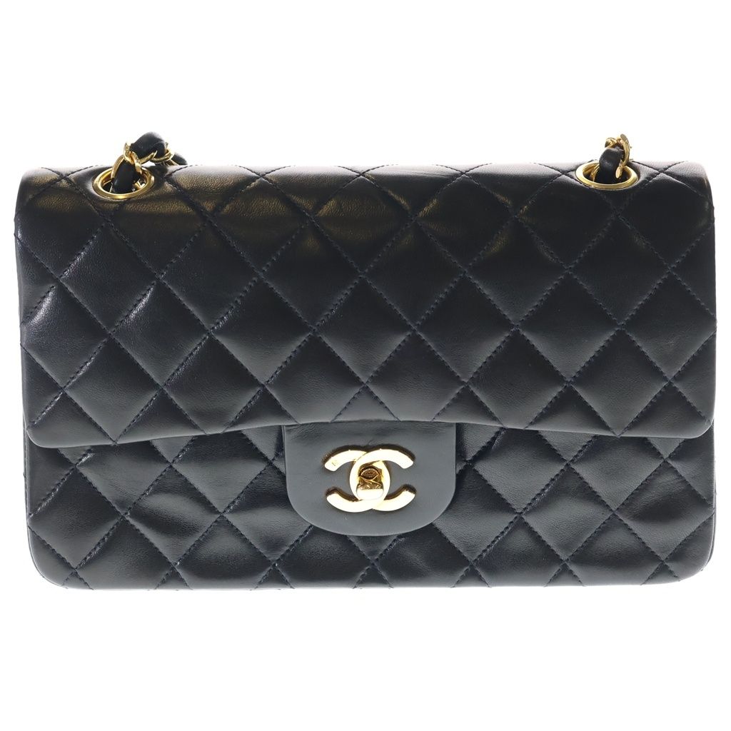 CHANEL (シャネル) マトラッセ25 ラムスキン レザー Wフラップ Wチェーン ショルダーバッグ ゴールド金具 ブラック 2番台