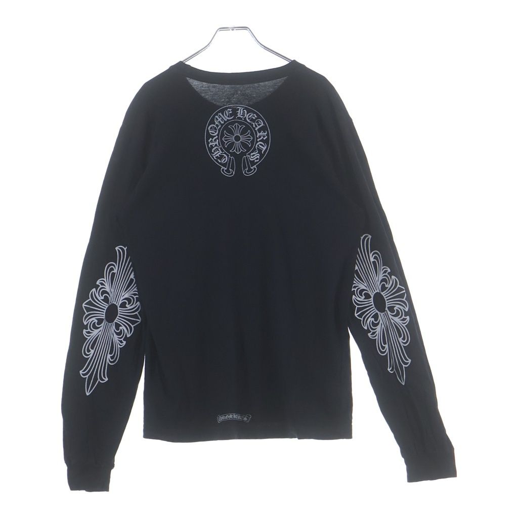 CHROME HEARTS (クロムハーツ) Neck Logo L/S T-Shirt アームフローラル バックホースシュー ネックロゴ プリント クルーネック長袖Tシャツカットソー ロンT ブラック
