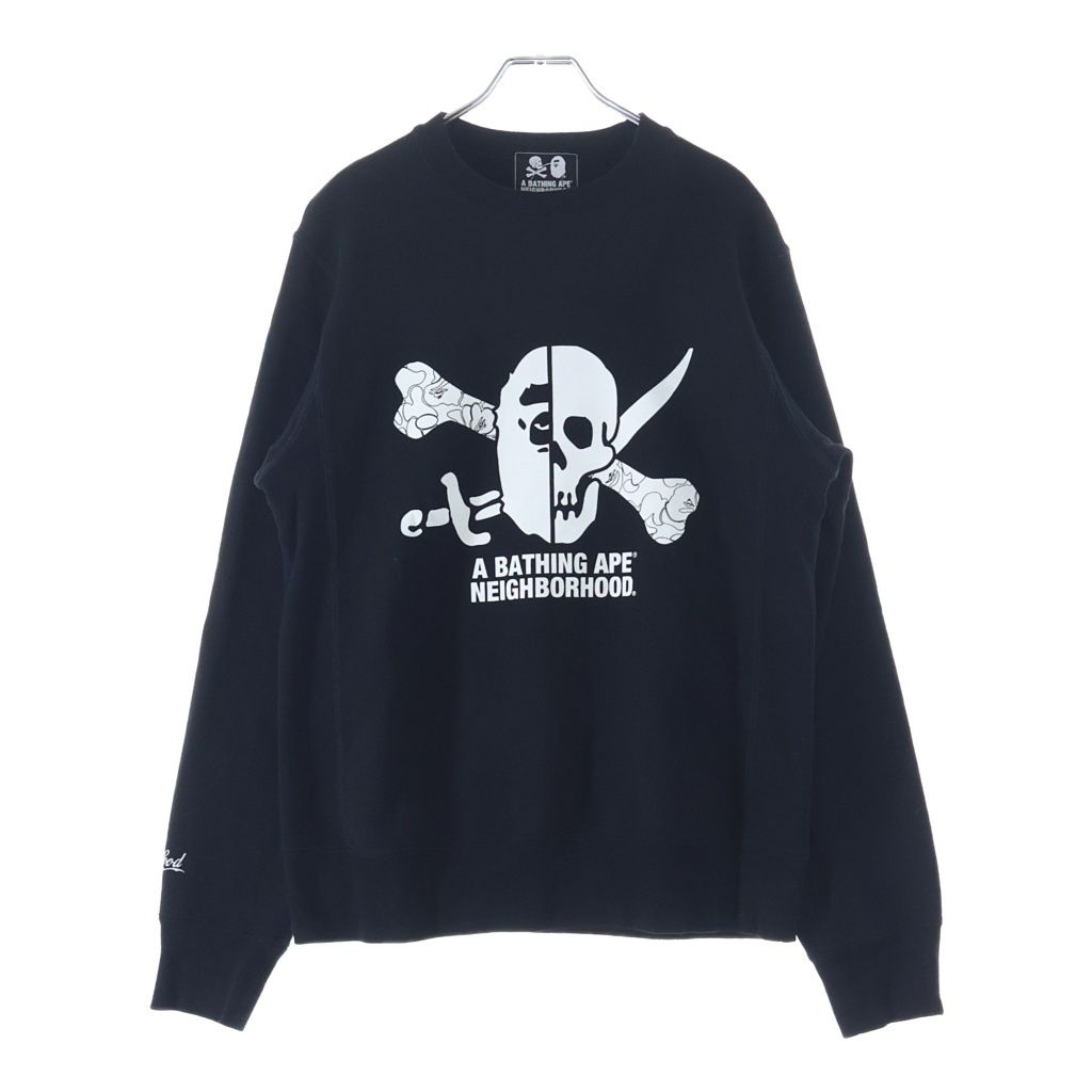 A BATHING APE (アベイシングエイプ) 19SS ×NEIGHBORHOOD Skull Crewneck ×ネイバーフッド フロントロゴプリント クルーネック長袖スウェット ブラック 001SWE731908X