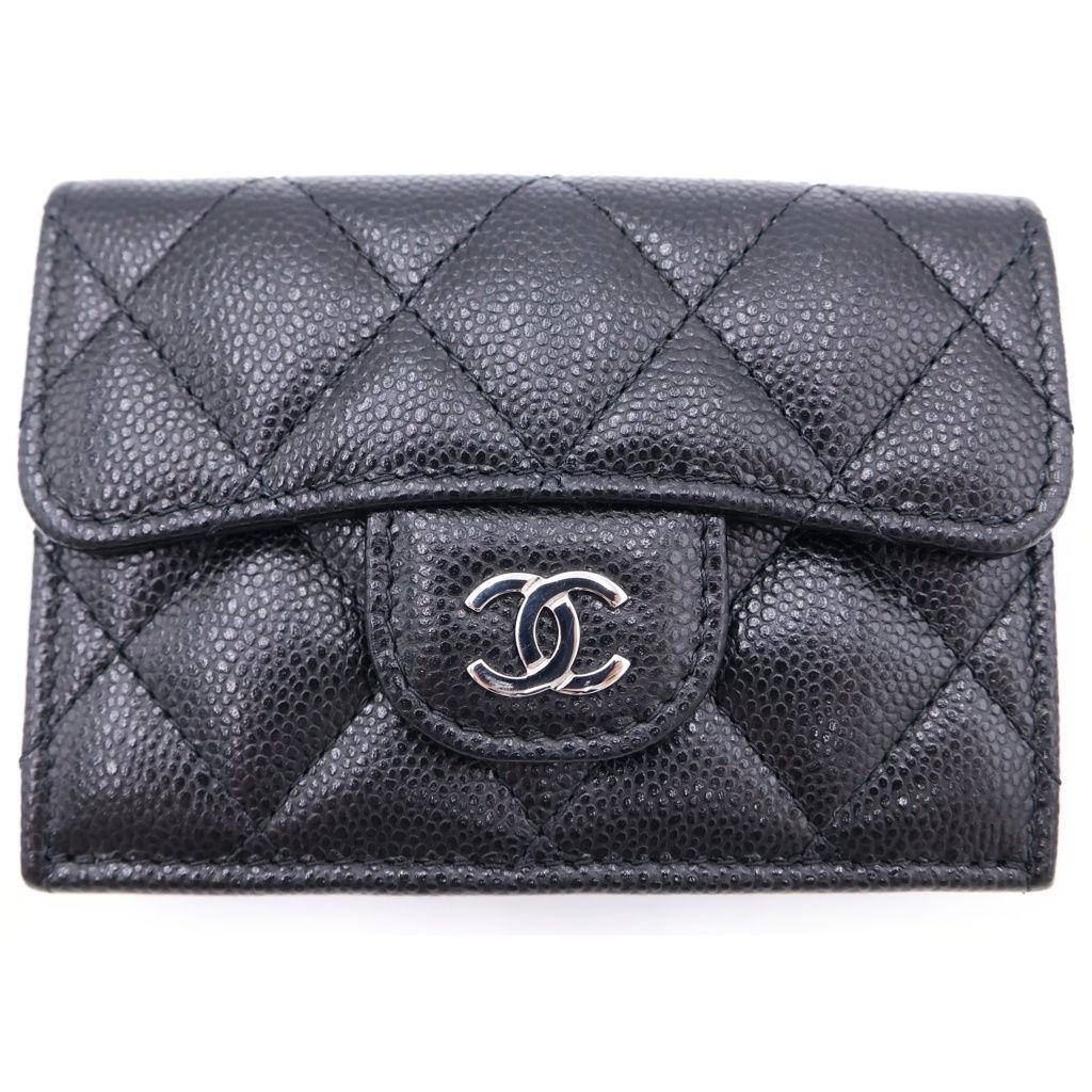 CHANEL (シャネル) マトラッセ スモール クラシック コンパクトウォレット 三つ折り財布 キャビアスキン ブラック キャビアスキン AP0230 シルバー金具