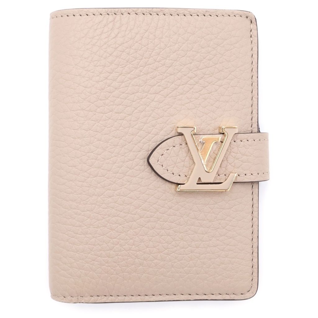 LOUIS VUITTON (ルイヴィトン) LVヴェルティカル トリヨン レザー コンパクトウォレット 二つ折り財布 ゴールド金具 ベージュ/ライトブルー M82198