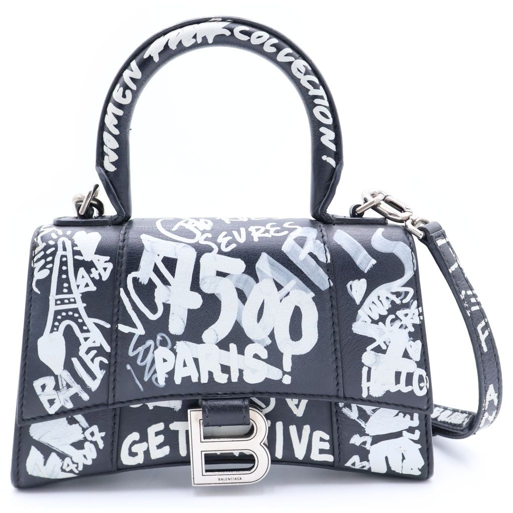 BALENCIAGA (バレンシアガ) グラフィティ アワーグラス XXS 2WAY ハンドバッグ ショルダーバッグ レザー ブラック ホワイト